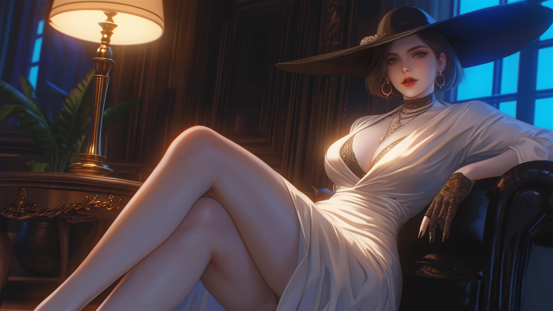 Lady Dimitrescu resting on a modern hotel bed under moonlight.