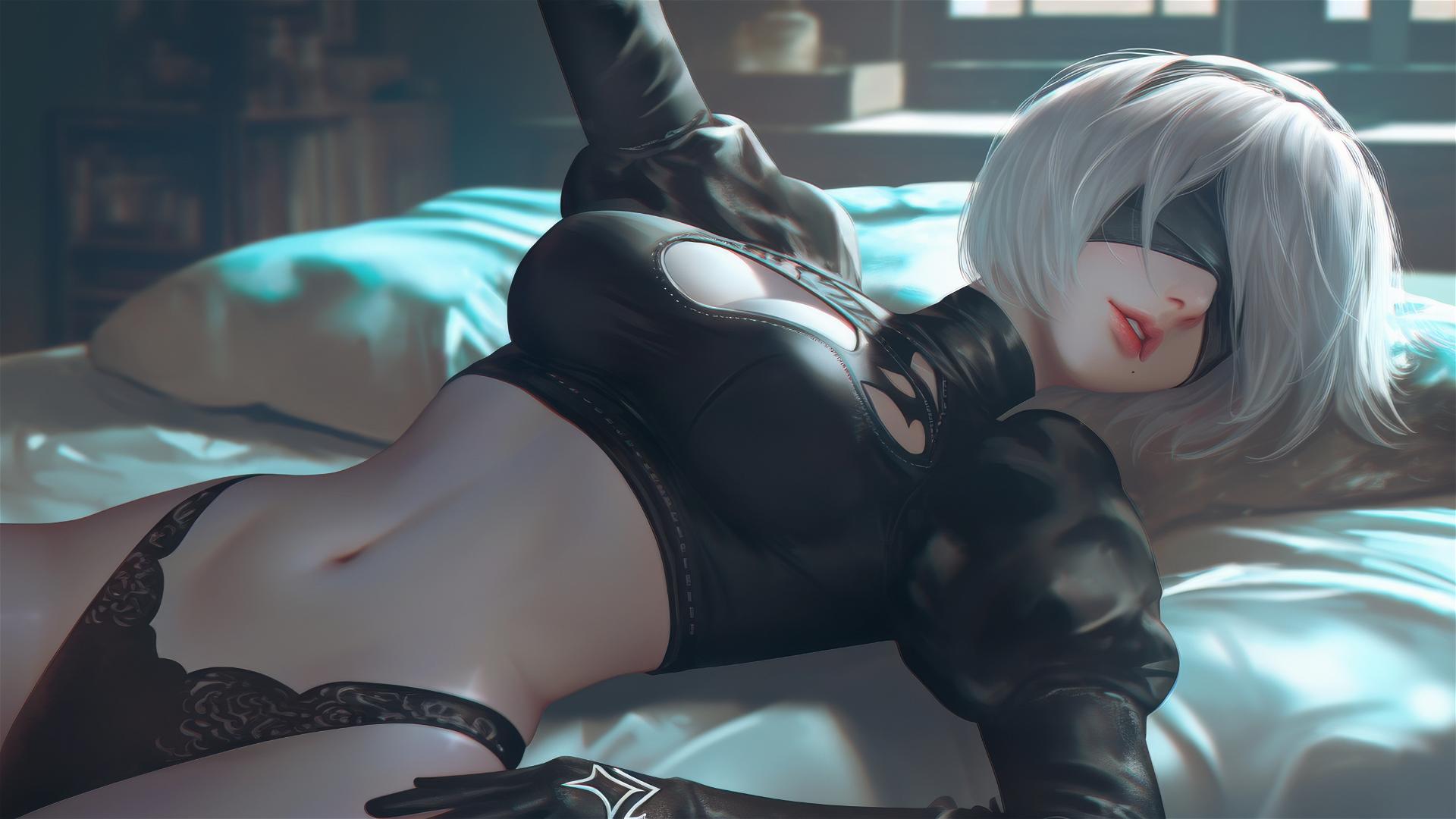 2B from Nier resting in a modern hotel room with moonlight glow