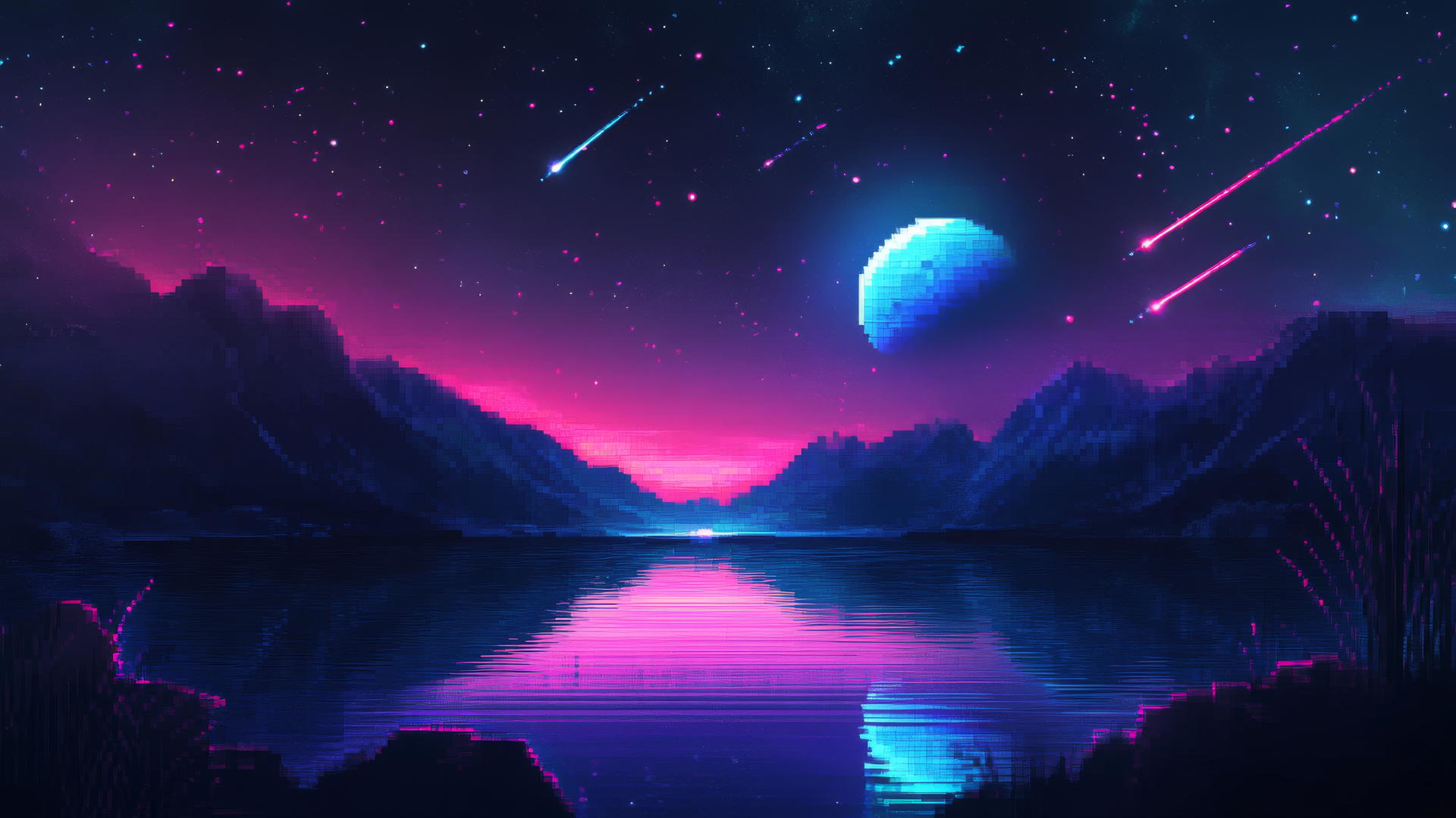 star wallpaper y2k with neon constellations and pixelated shooting stars