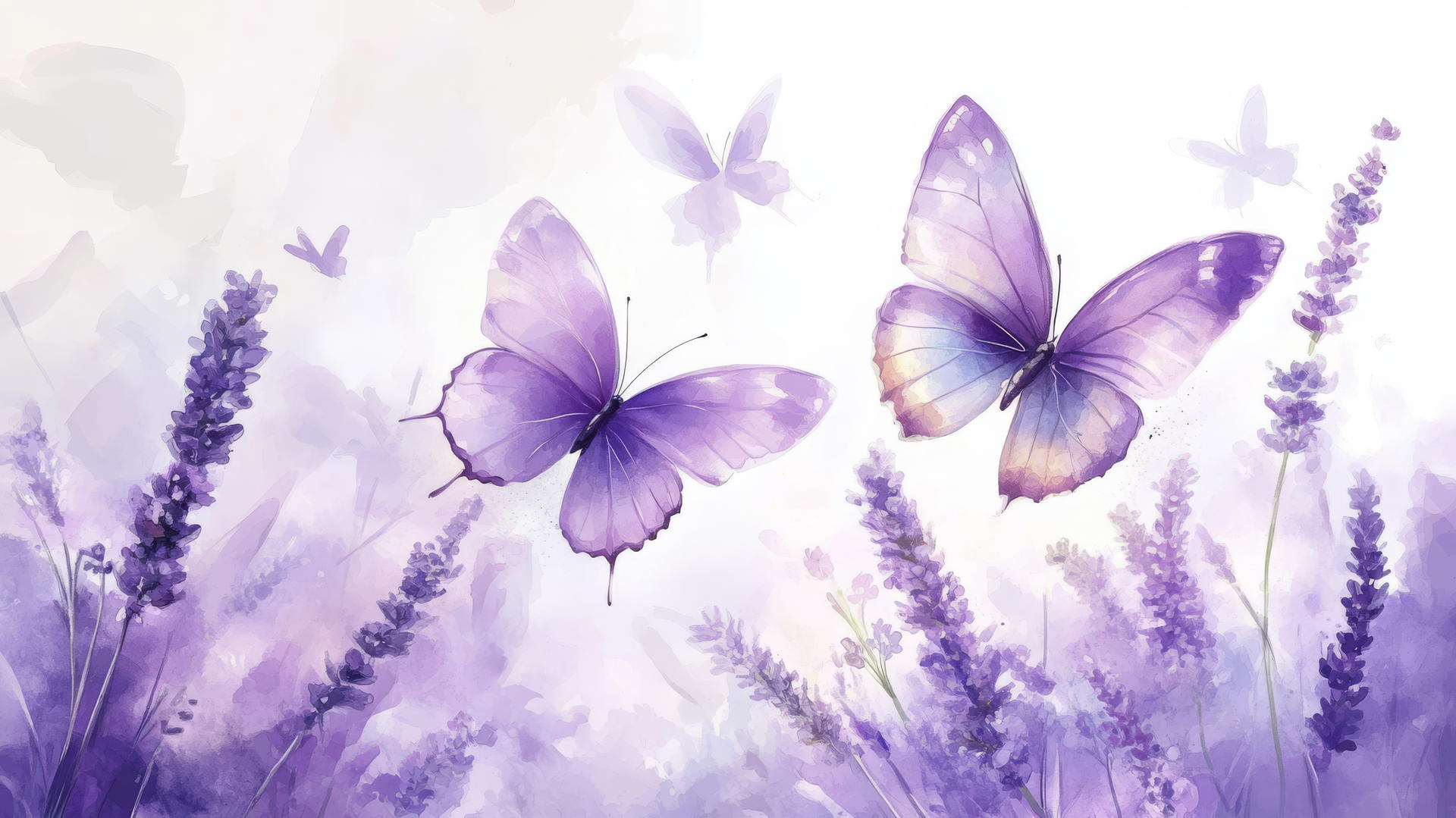 purple butterfly wallpaper above a lavender field in pastel watercolor