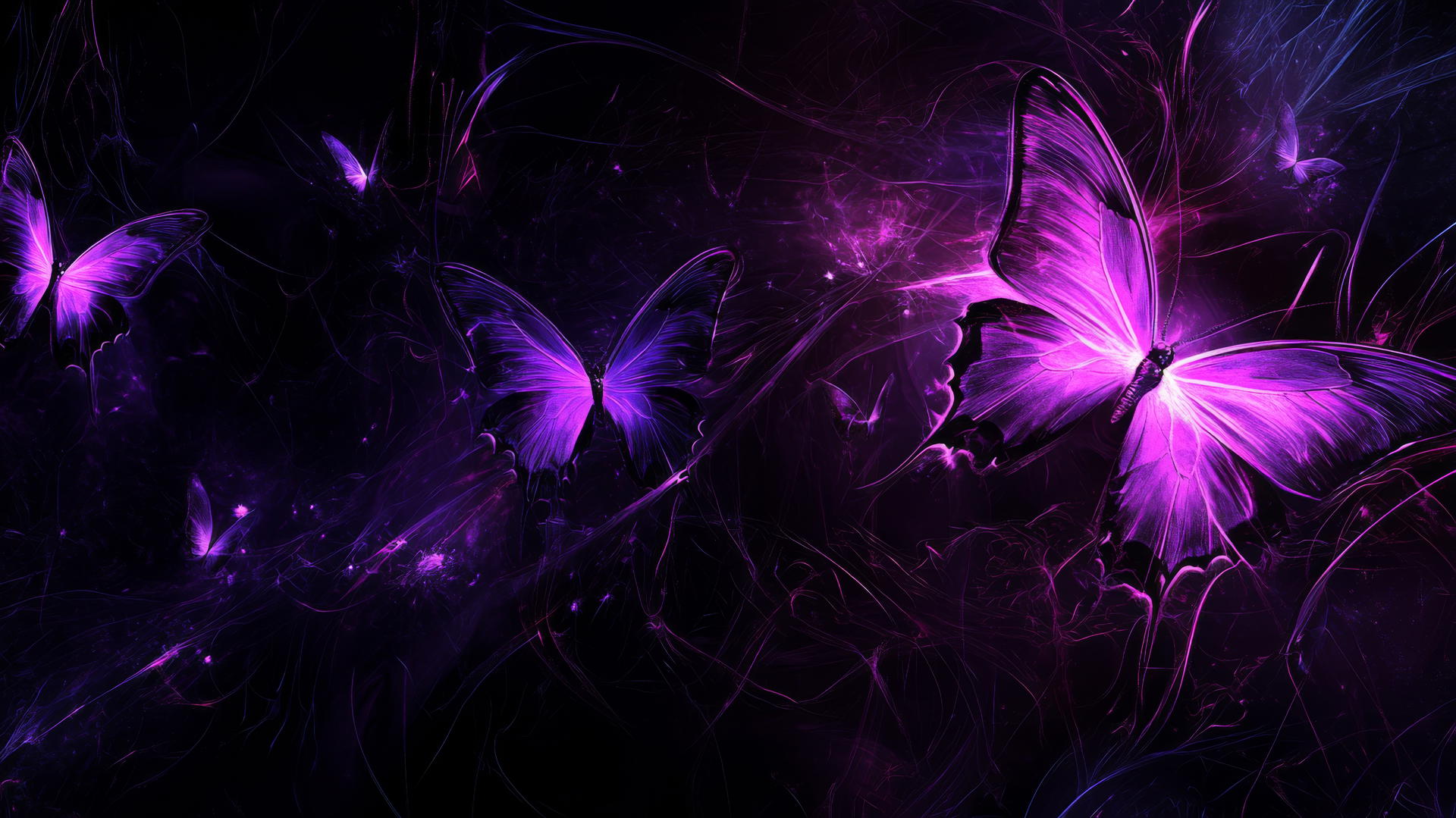 Neon purple butterflies glowing against a black background wallpaper