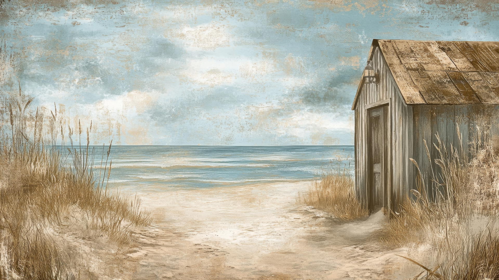 Vintage beach themed wallpaper with retro beach cabins and muted tones.