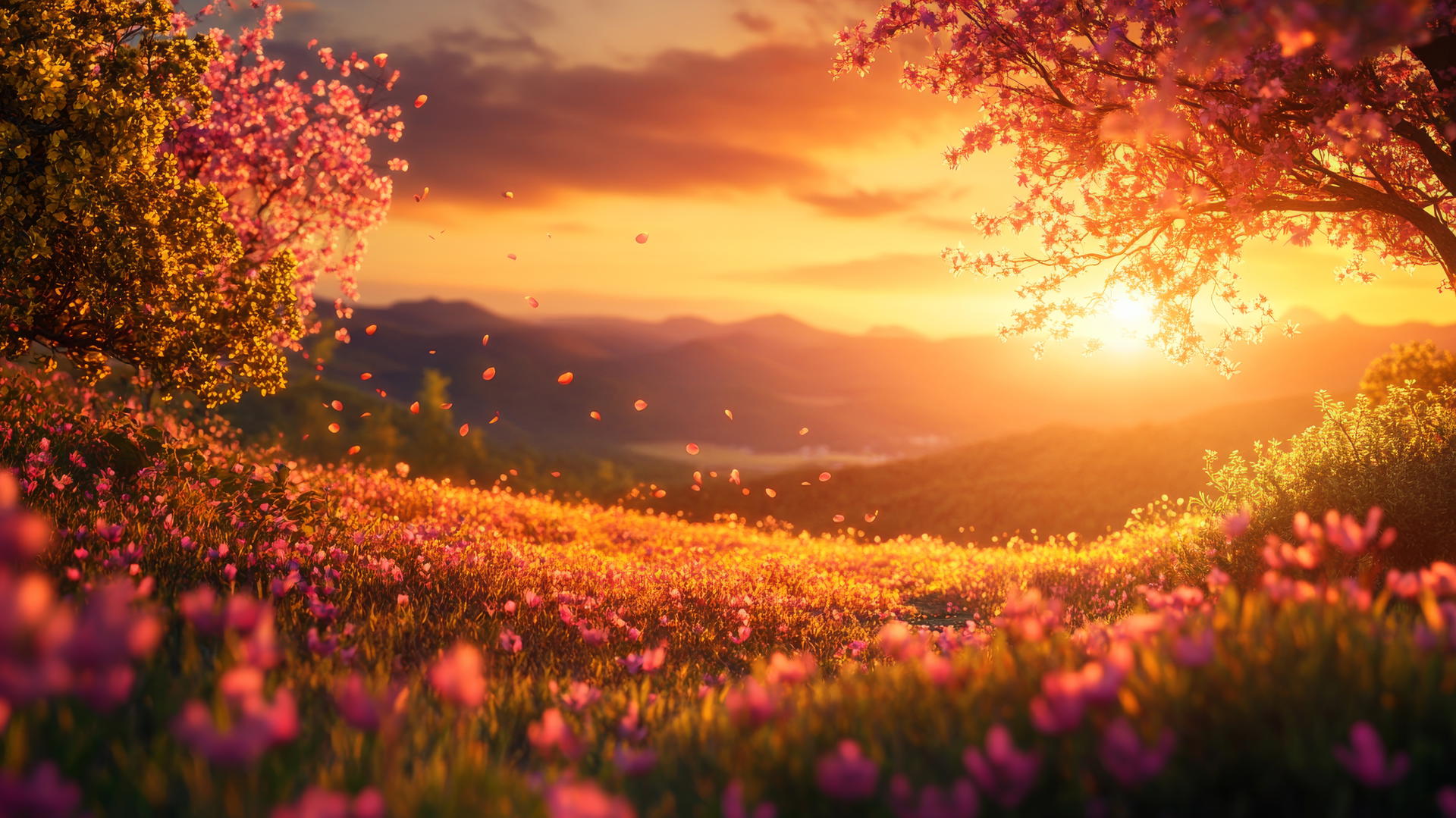 spring wallpaper with a sunset scene over a flower-filled meadow and warm lighting