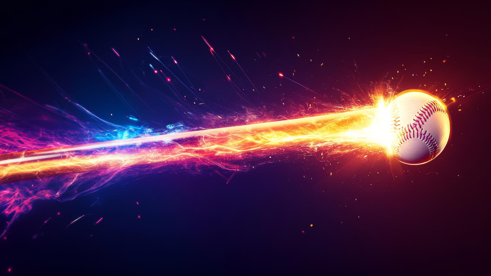 Glowing baseball bat hits ball with neon light burst on dark background