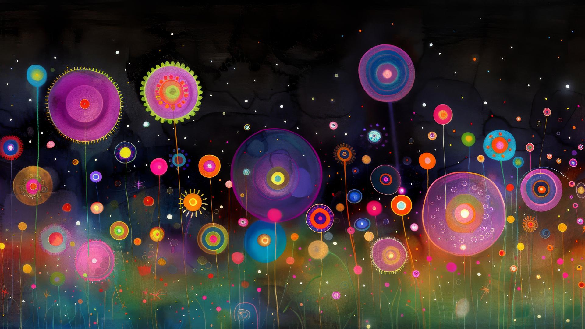 Klimt-inspired forest scene with hidden creatures and starry sunset sky