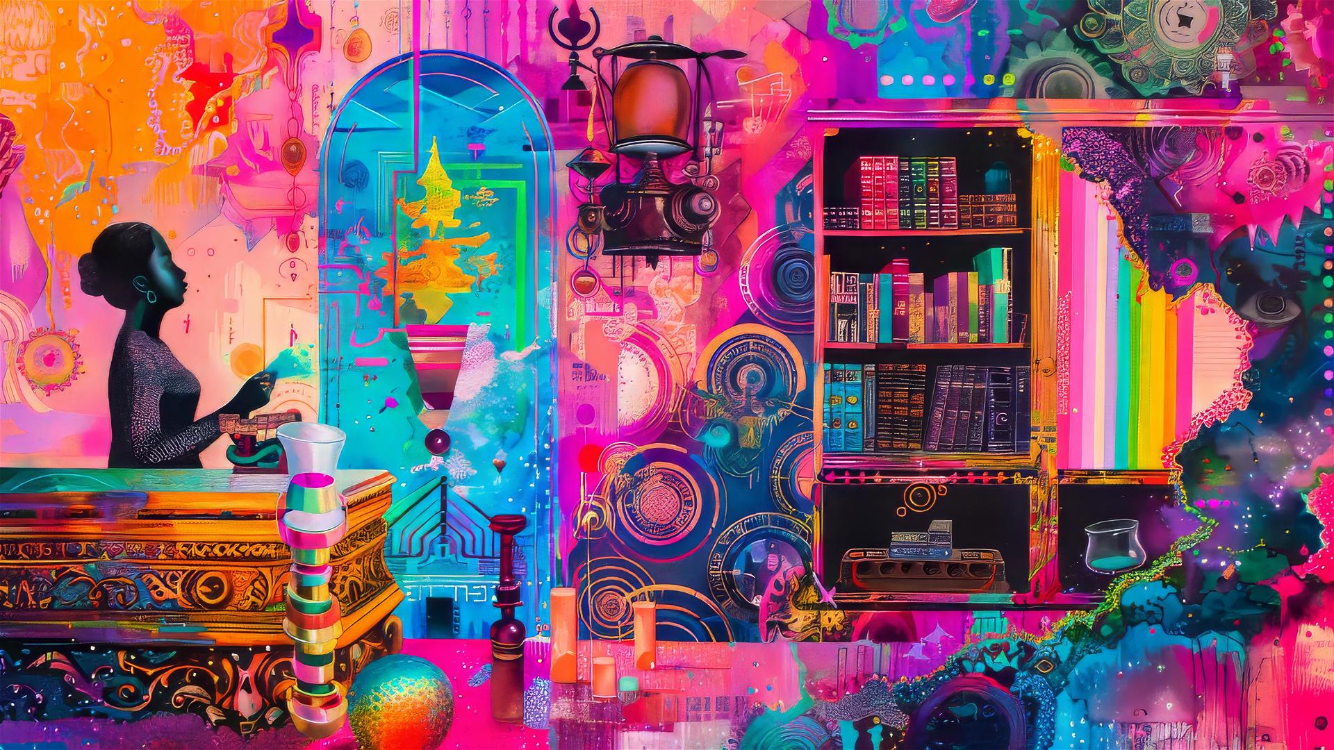 Steampunk paper collage with purple rainbow and simplified figures in suburban style