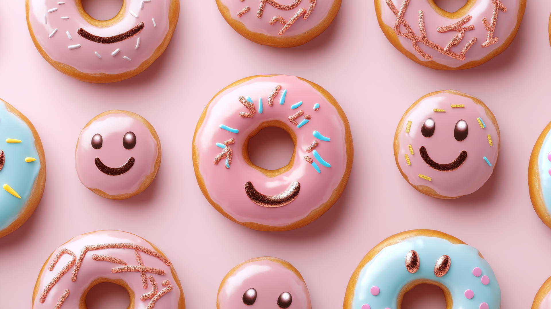 pink preppy wallpaper with smiley face donuts, colorful glazes, rose gold accents