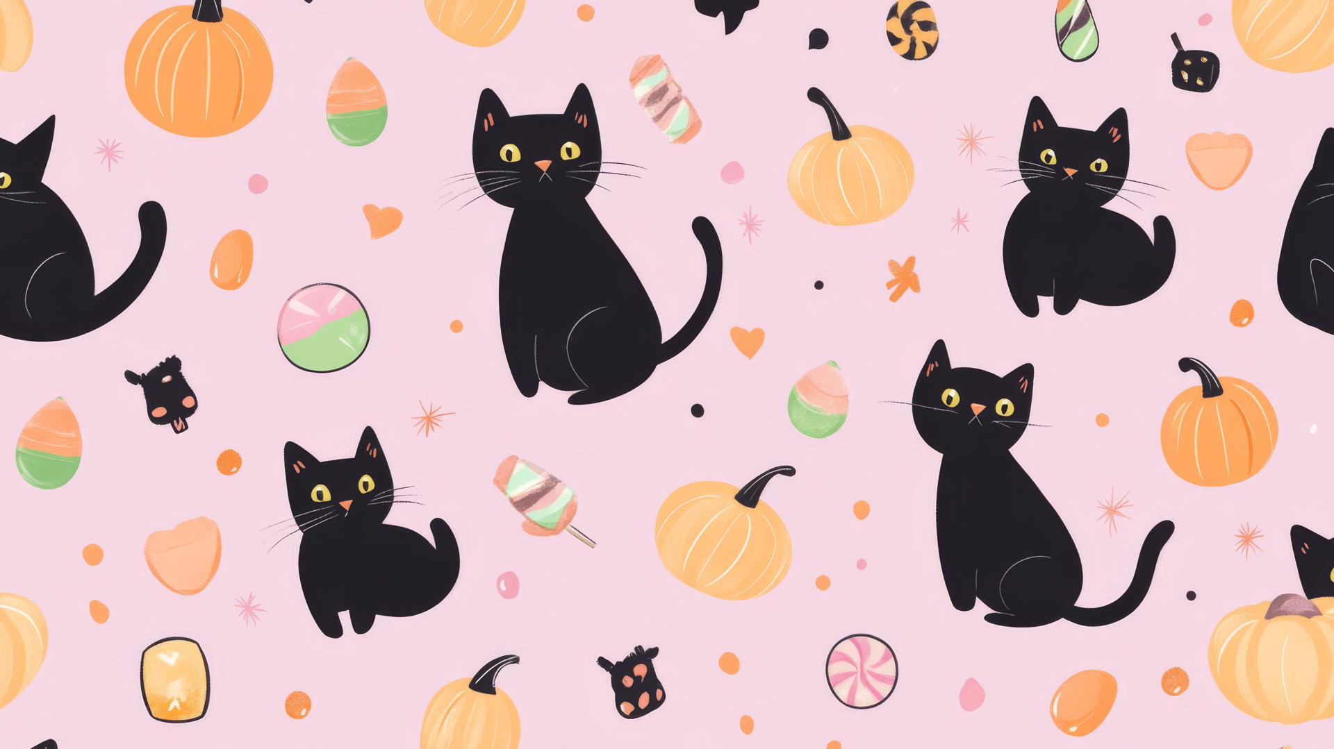 Preppy Halloween wallpaper with black cats, pumpkins, and candy on pastel lavender