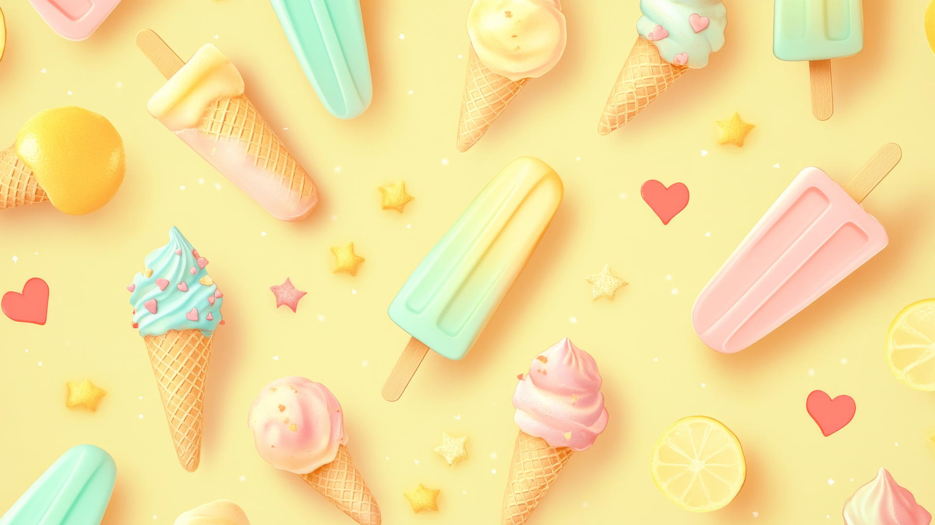preppy summer wallpaper with pastel ice cream cones, popsicles, and lemonades on soft yellow background
