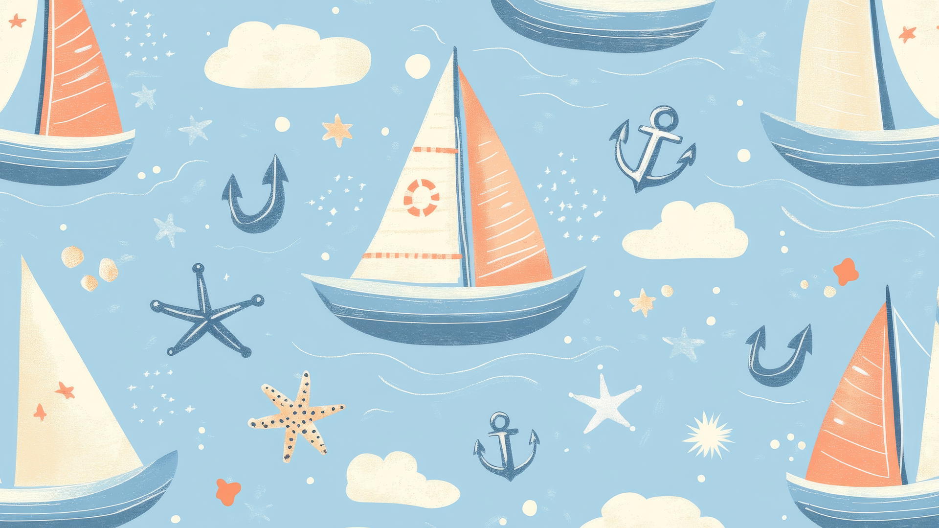 preppy summer wallpaper of sailboats, anchors, starfish on pastel blue background