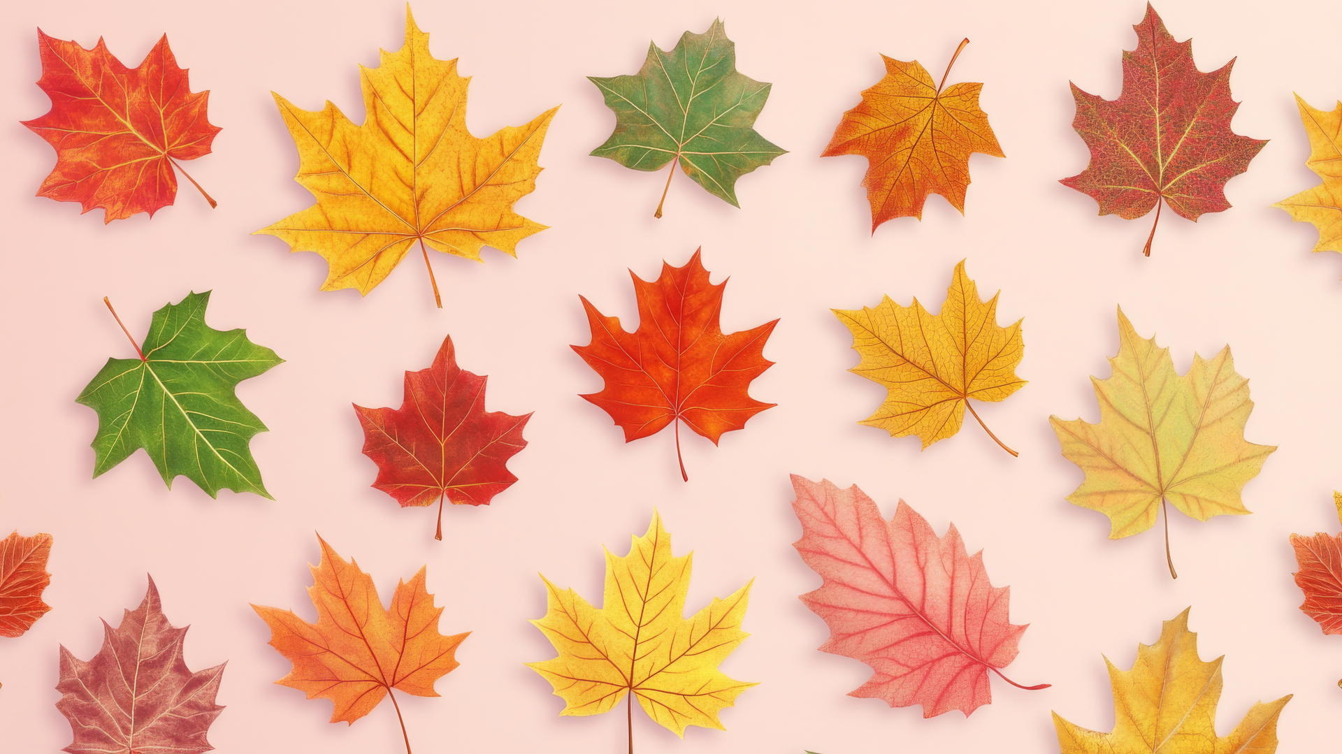Preppy fall wallpaper with colorful leaves on light pink background, plaid accents