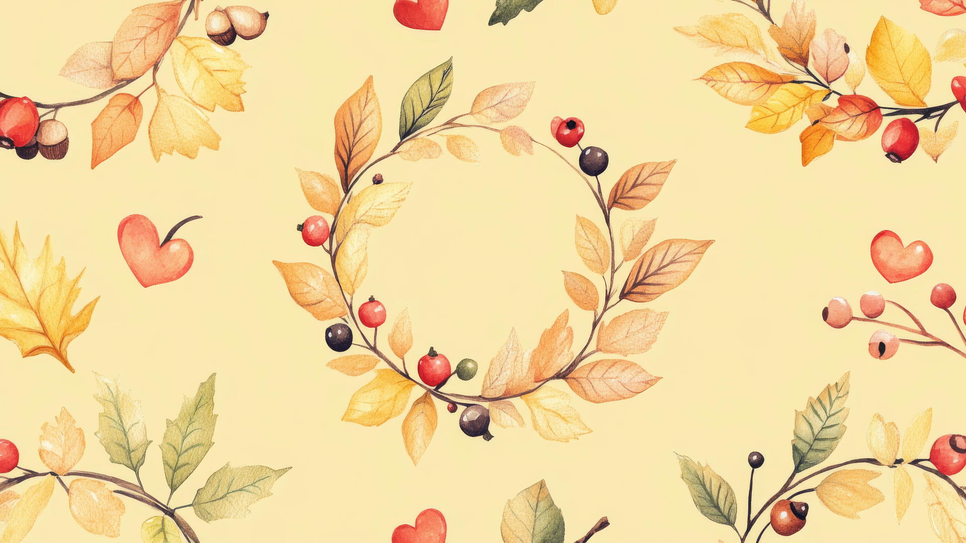 preppy fall wallpaper with hand-drawn fall wreaths made of leaves, berries, and twigs on pastel yellow background, with hearts and acorns