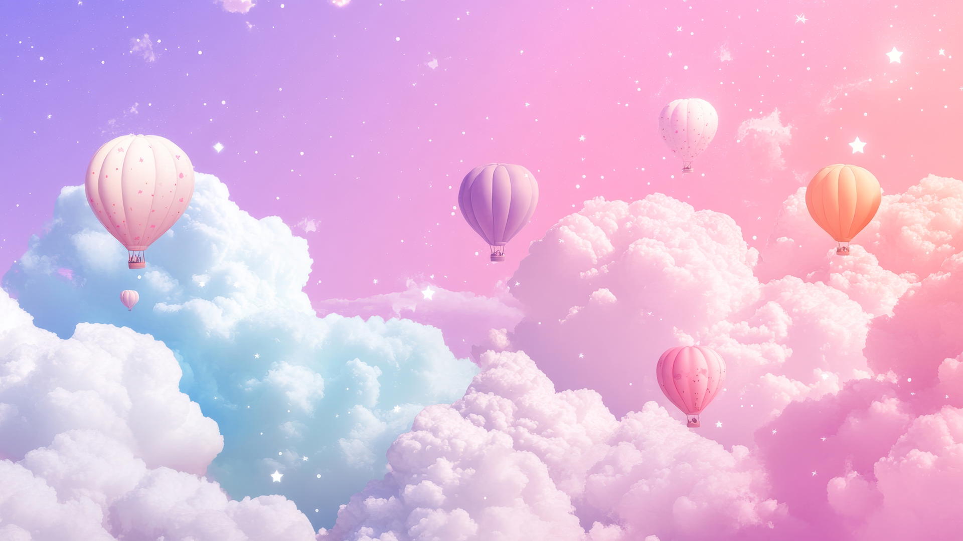 Dreamy pastel cloudscape with cute hot air balloons and stars