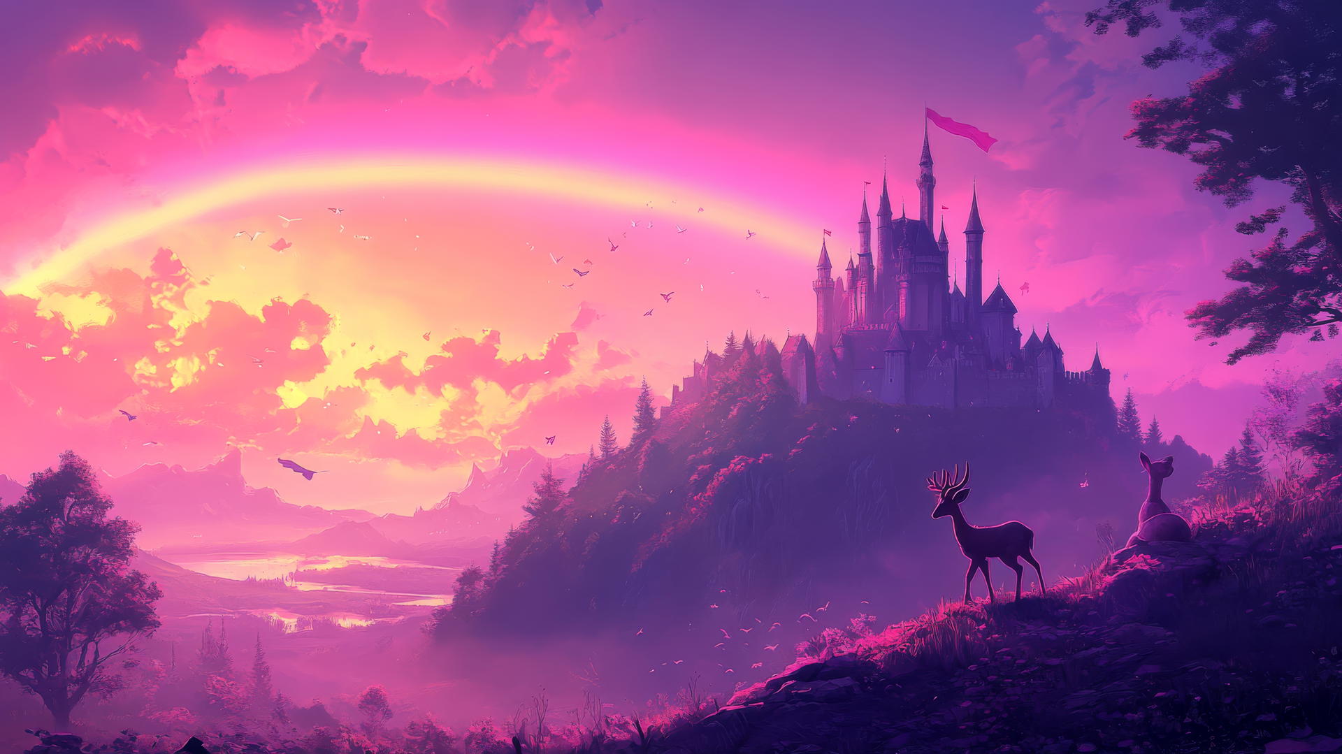 cute wallpapers for girls featuring a magical castle with deer and rabbits