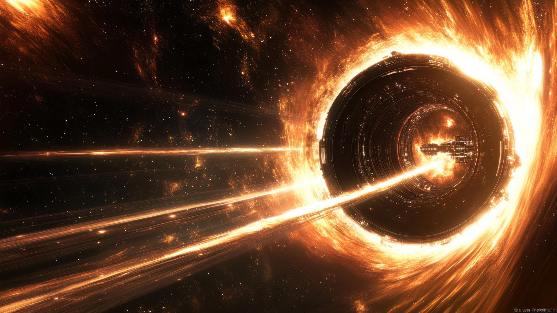 Futuristic black hole wallpaper with space station harvesting energy