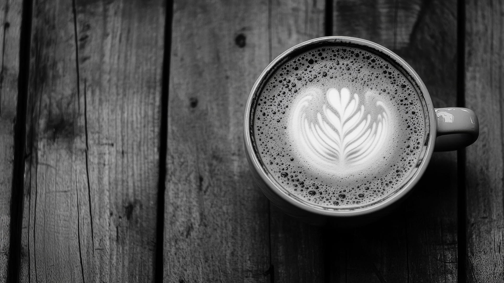 Black and white aesthetic wallpaper of a steaming cup of coffee on rustic wooden table