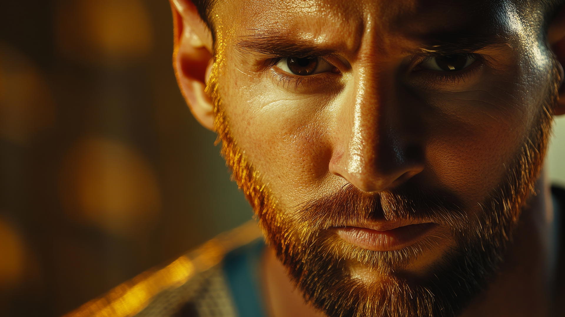 Close-up portrait of Lionel Messi, half face illuminated by soft golden light, intricate details, messi wallpaper 4k