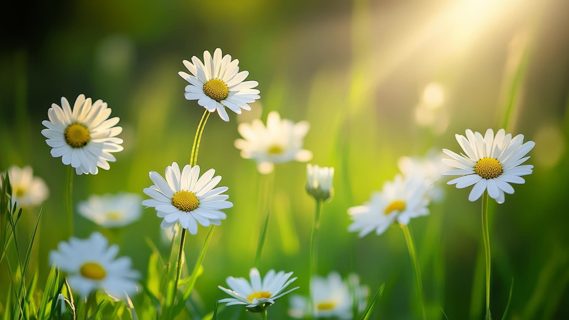 Delicate flower nature wallpaper with white daisies in a green meadow