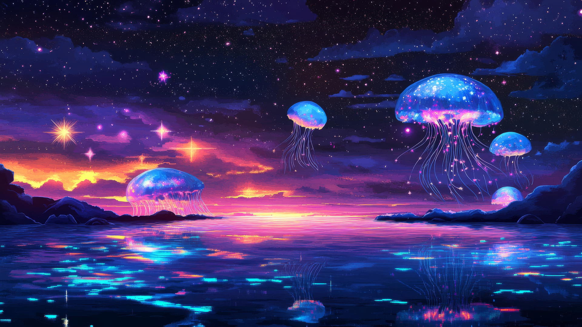 Y2K star wallpaper with a digital ocean, glowing waves, and neon jellyfish
