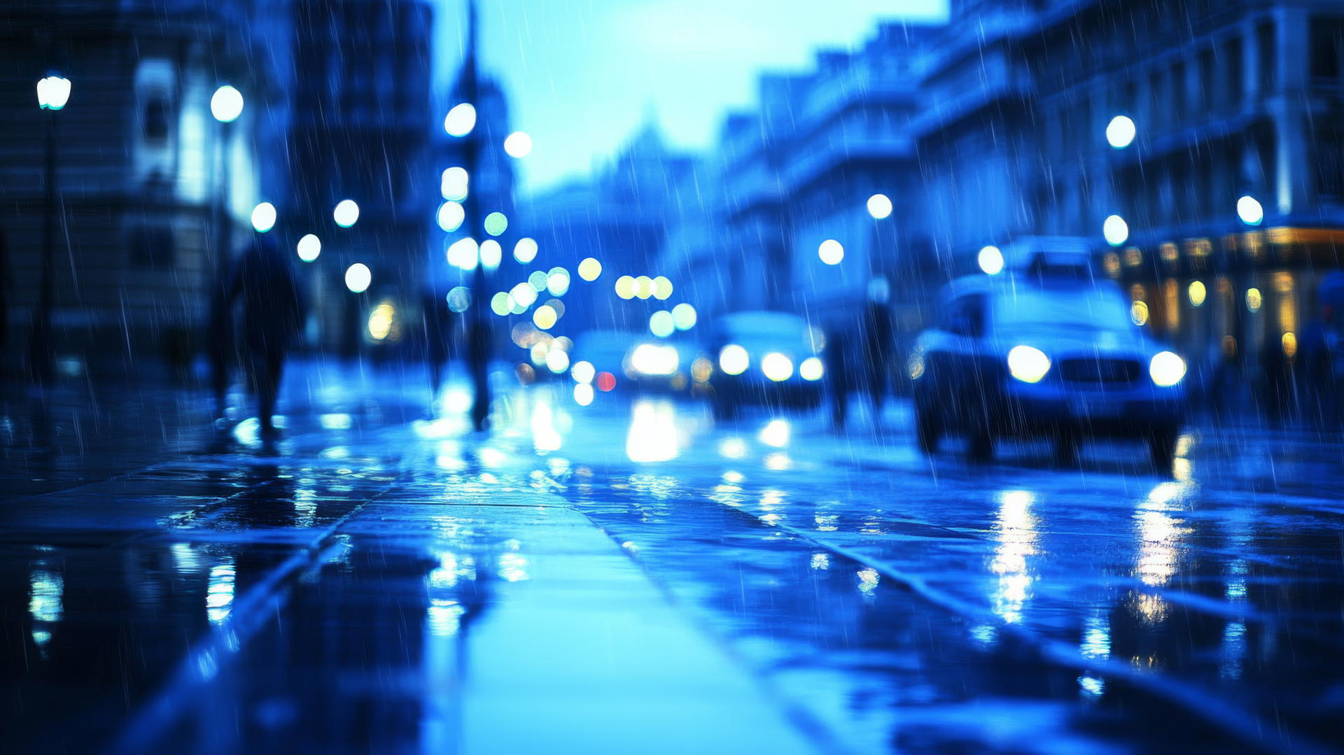 wallpaper blue, rainy city street with reflections
