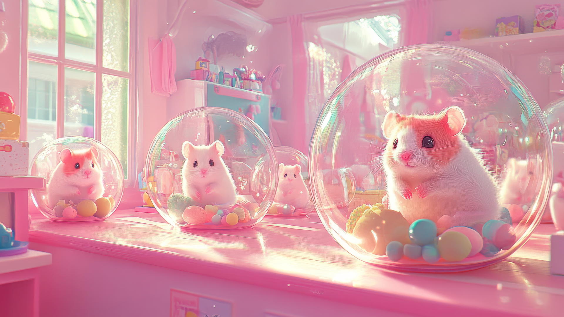 cute pink wallpaper with adorable hamsters in hamster balls