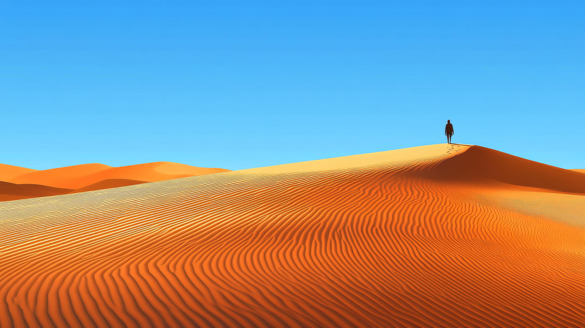 Endless desert dunes with a lone traveler under a clear blue sky, summer wallpaper