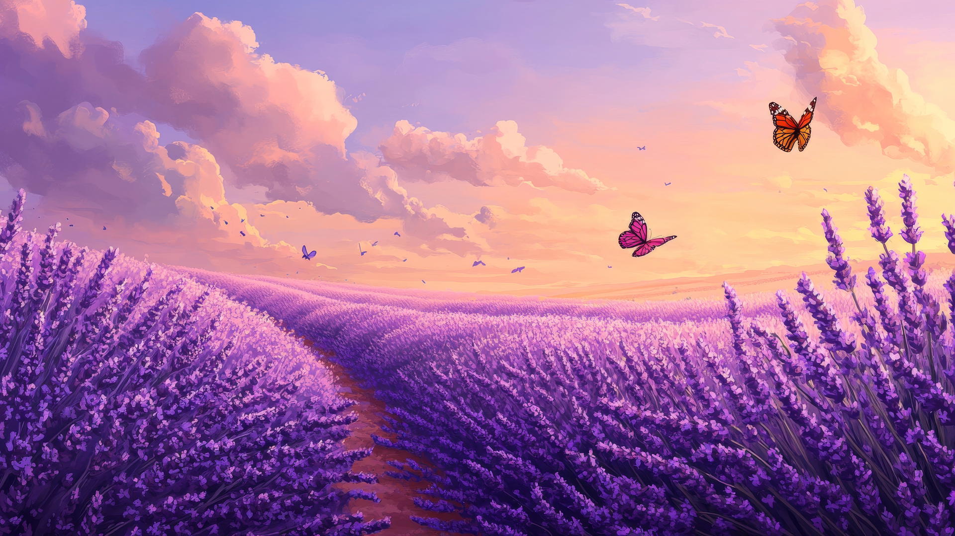 endless lavender fields under a warm summer sky, gentle breeze, summer wallpaper