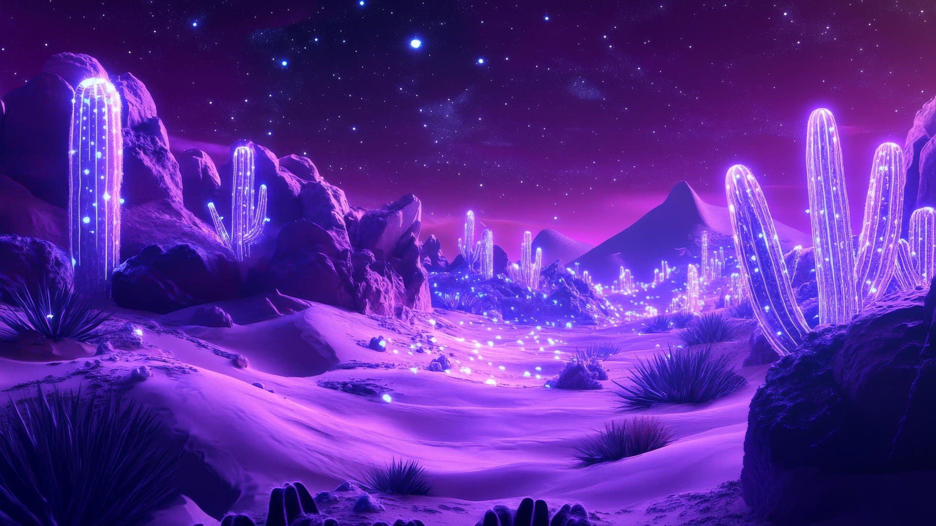A surreal neon purple desert landscape with glowing sand dunes and neon-lit cacti under a violet starry sky, neon purple aesthetic wallpaper.