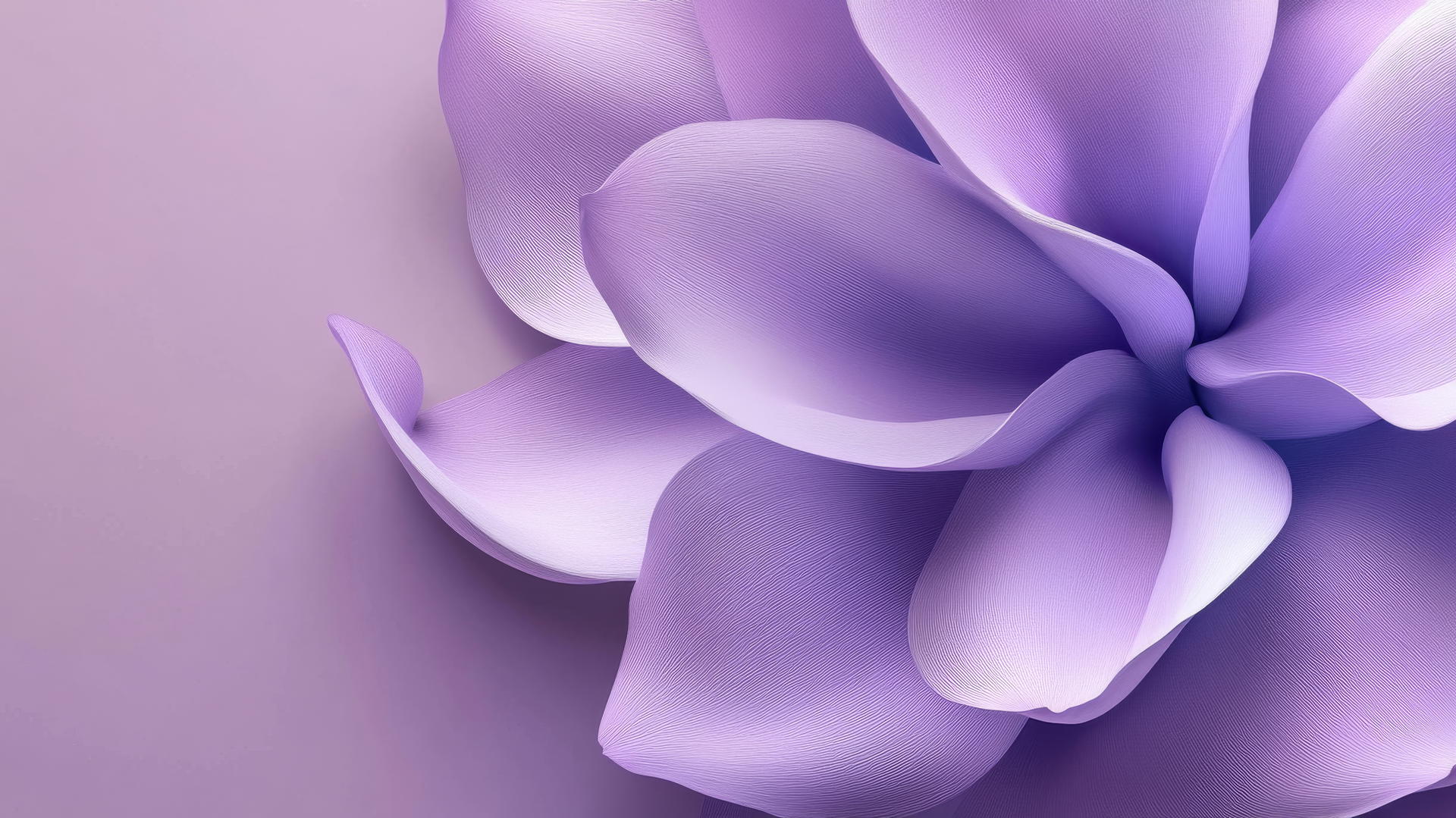 3D-style purple flower wallpaper with large realistic petals on a lavender background