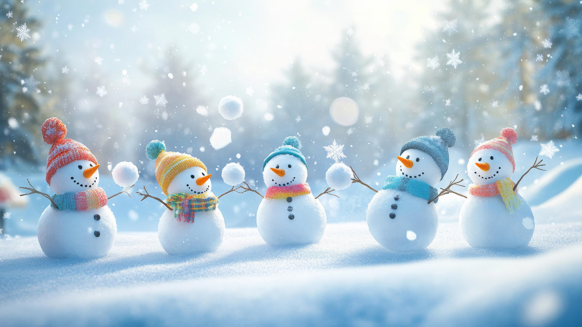 Cute winter wallpaper with tiny, smiling snowmen having a snowball fight.