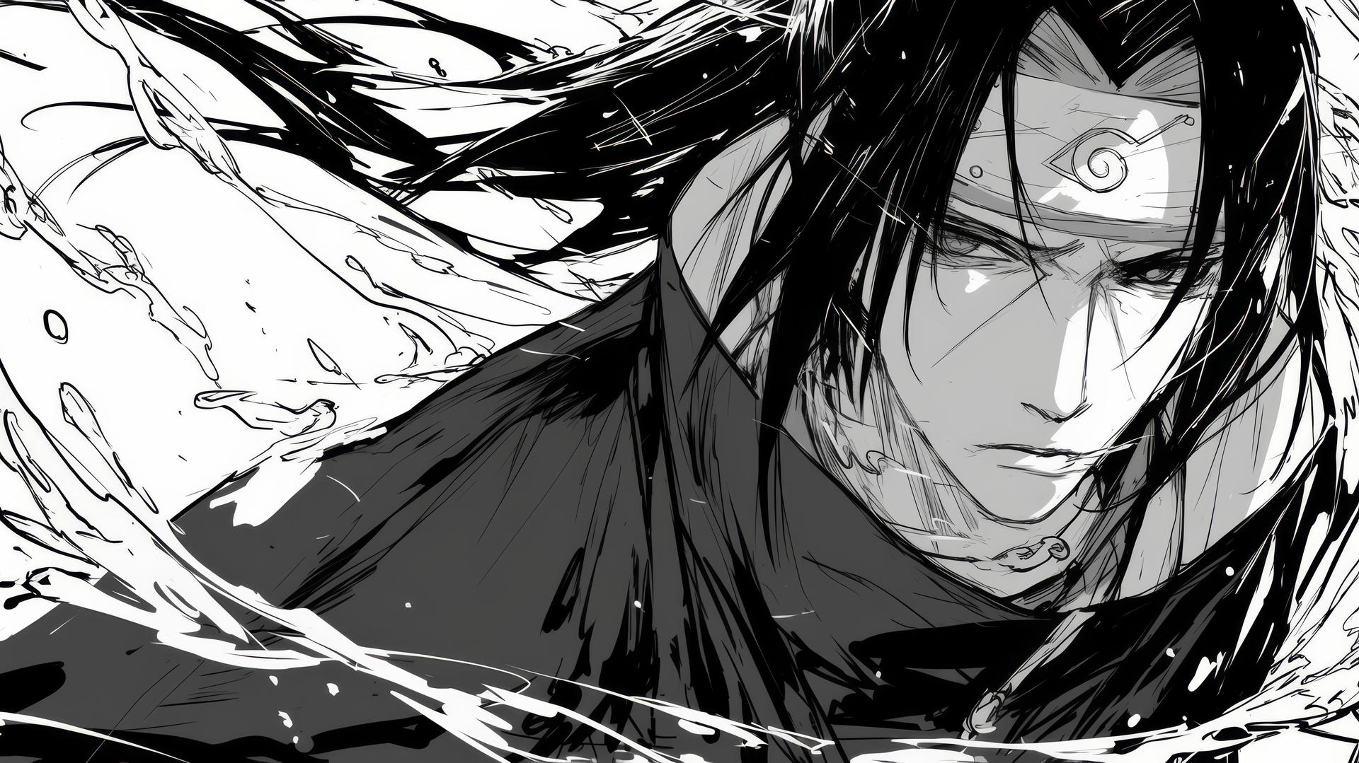 itachi uchiha drawing in black-and-white with bold lines and dramatic shading