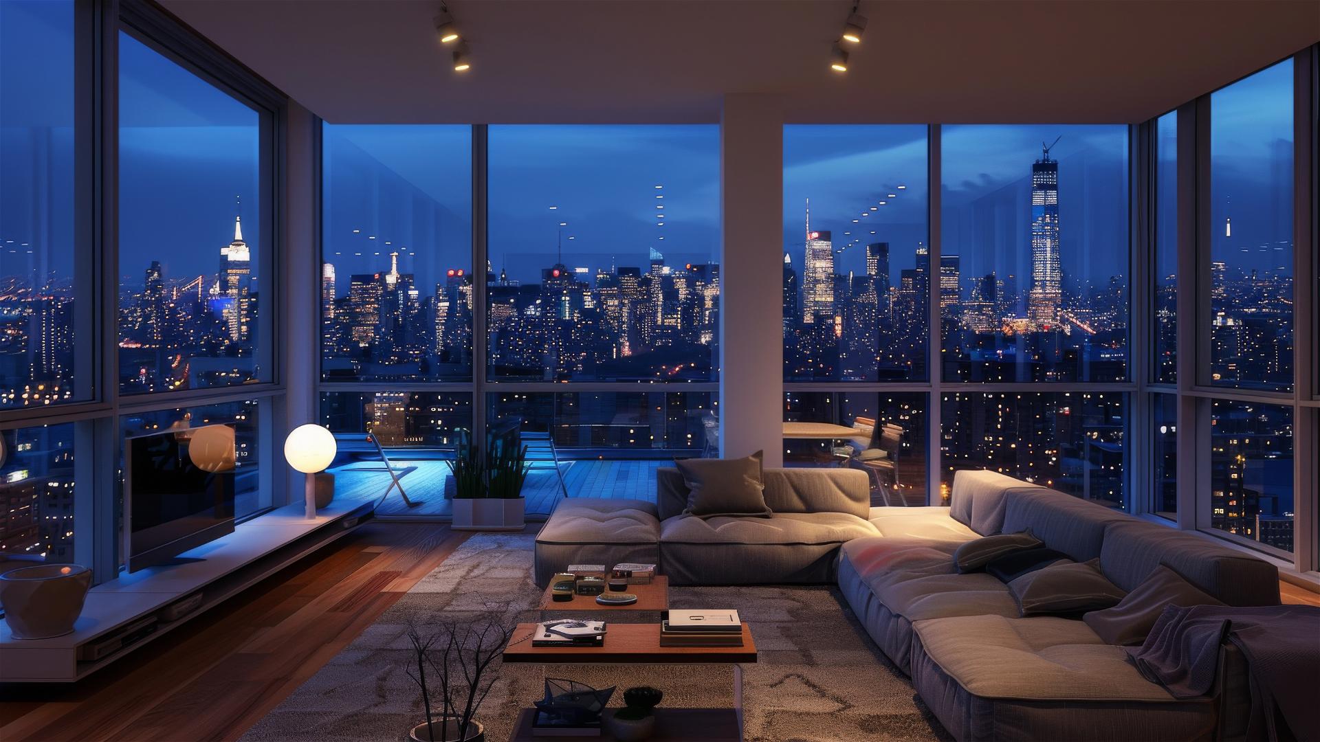 Cozy living room, dim lights, city view through window.
