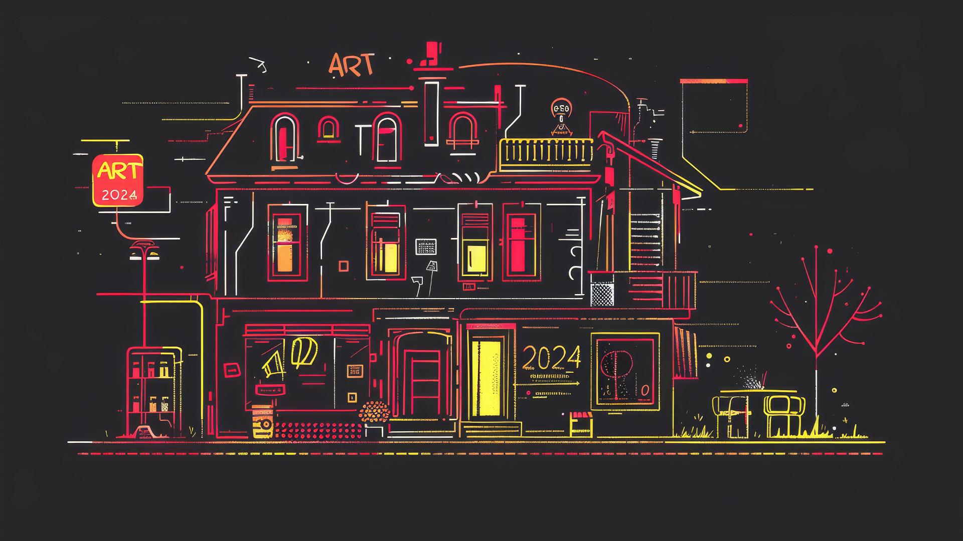 Minimalist mansion poster in Basquiat style with 'ART' and '2024'.