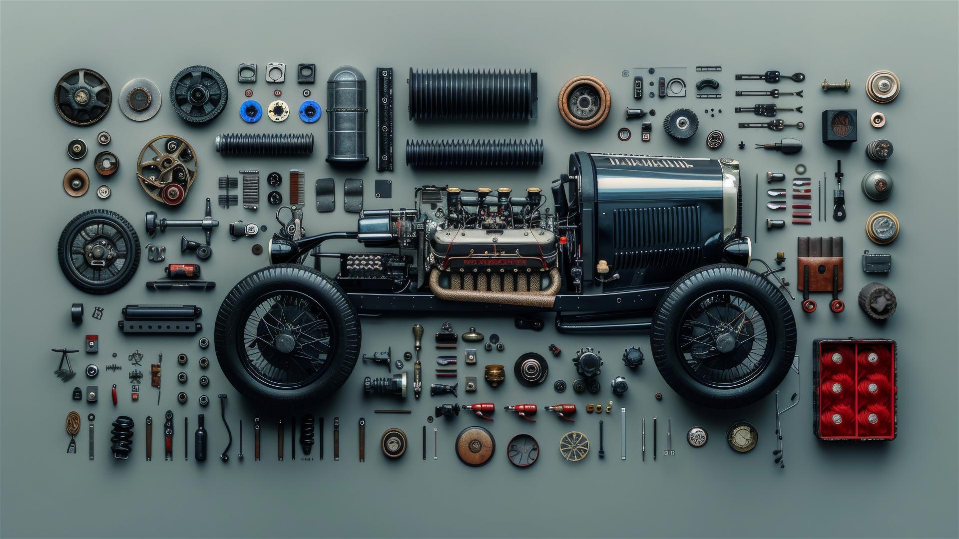 Hyperrealistic knolling of Horch car parts under studio lighting.