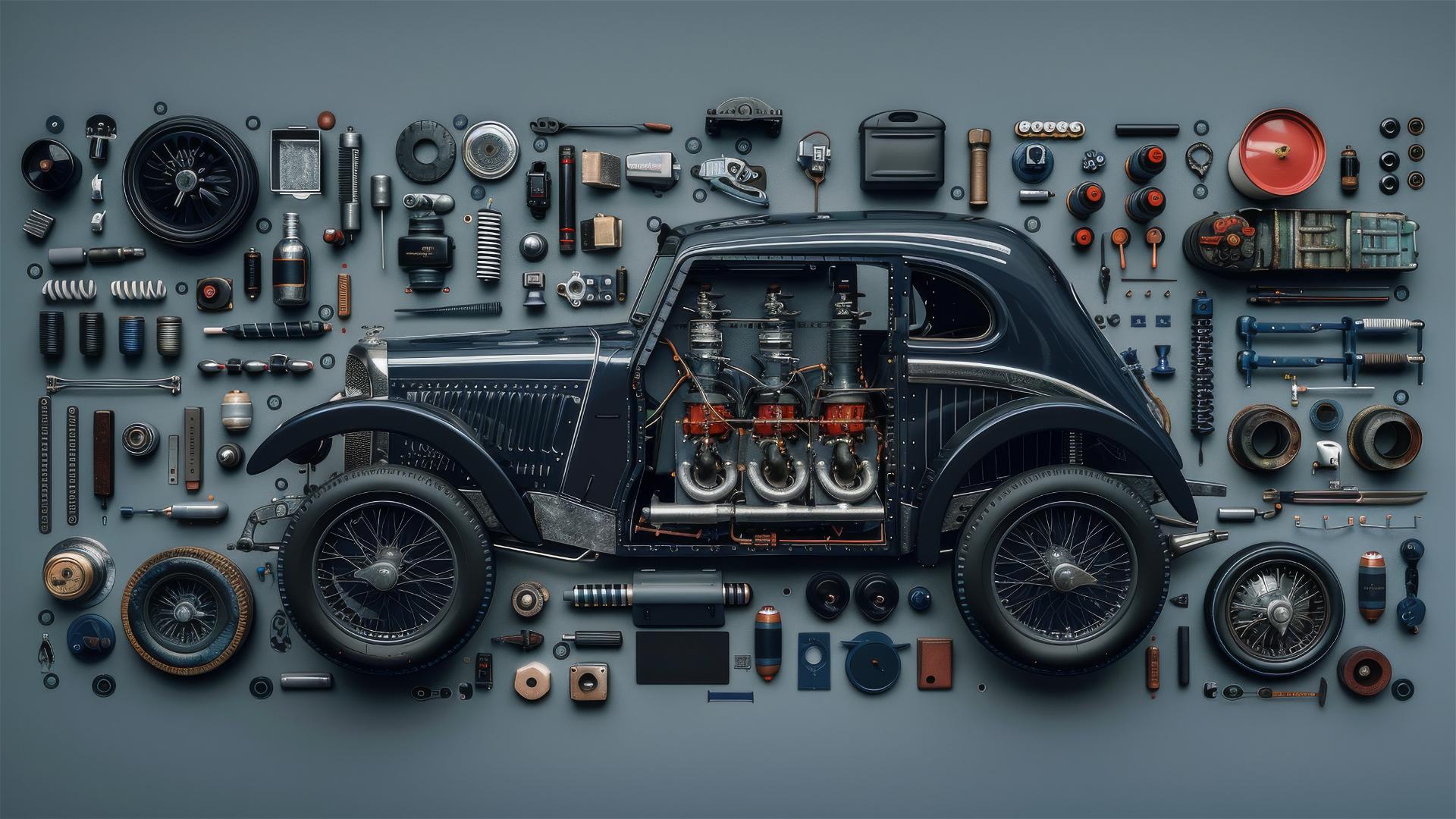 Horch car parts arranged in detail with studio lighting.
