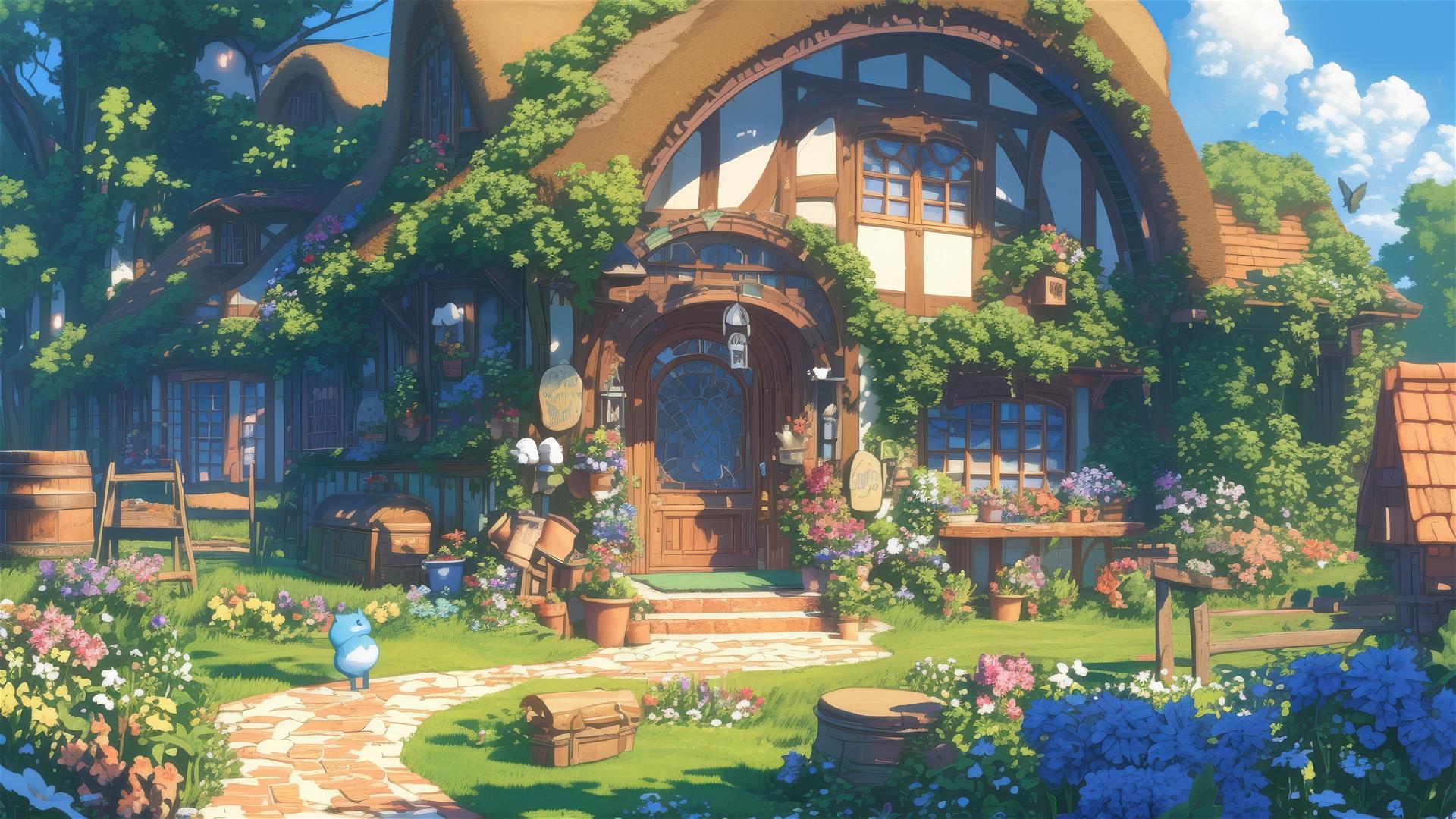 Ghibli-style cottage in blooming enchanted garden
