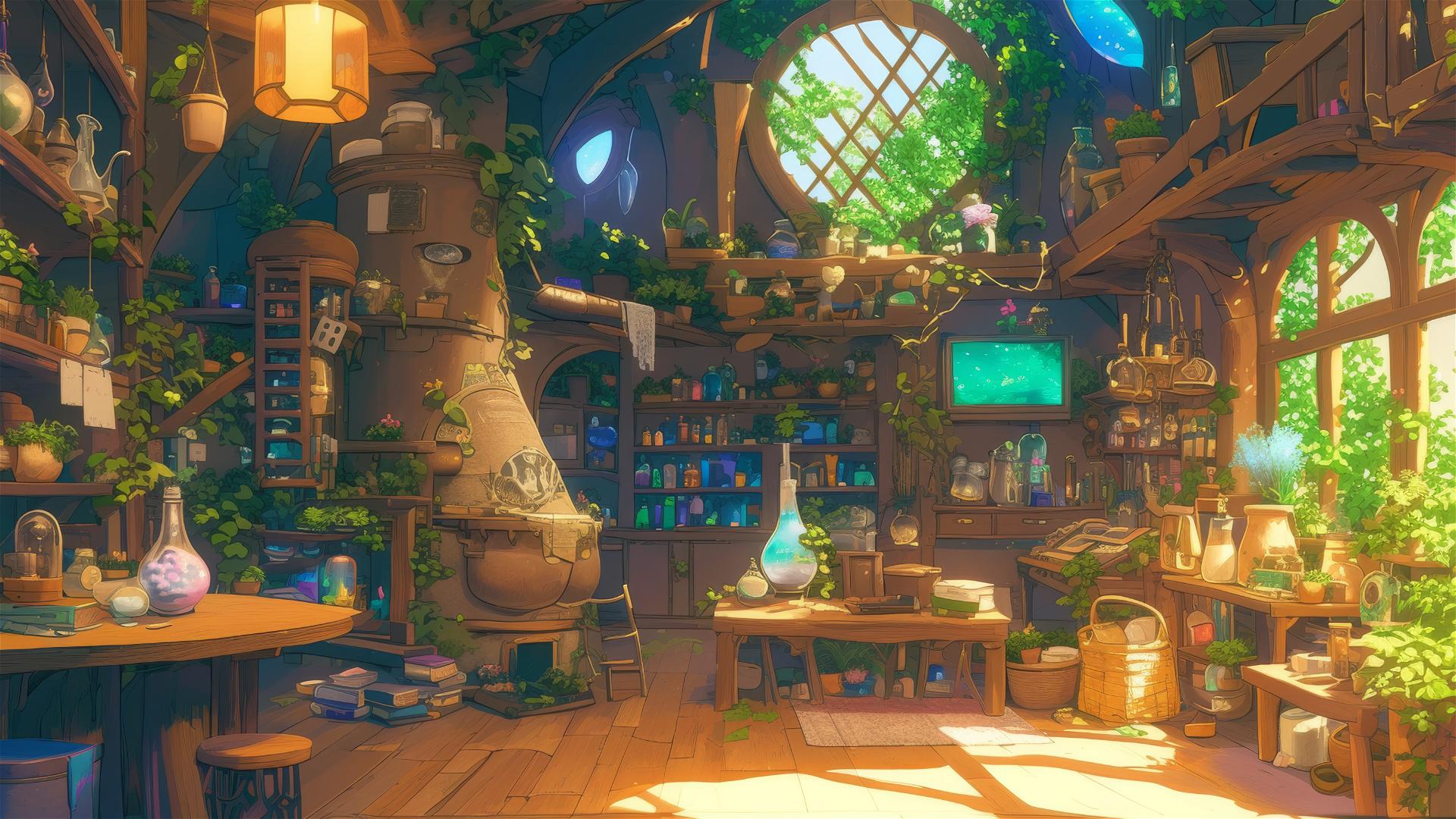 Ghibli-style workshop with animated potions and inventions.