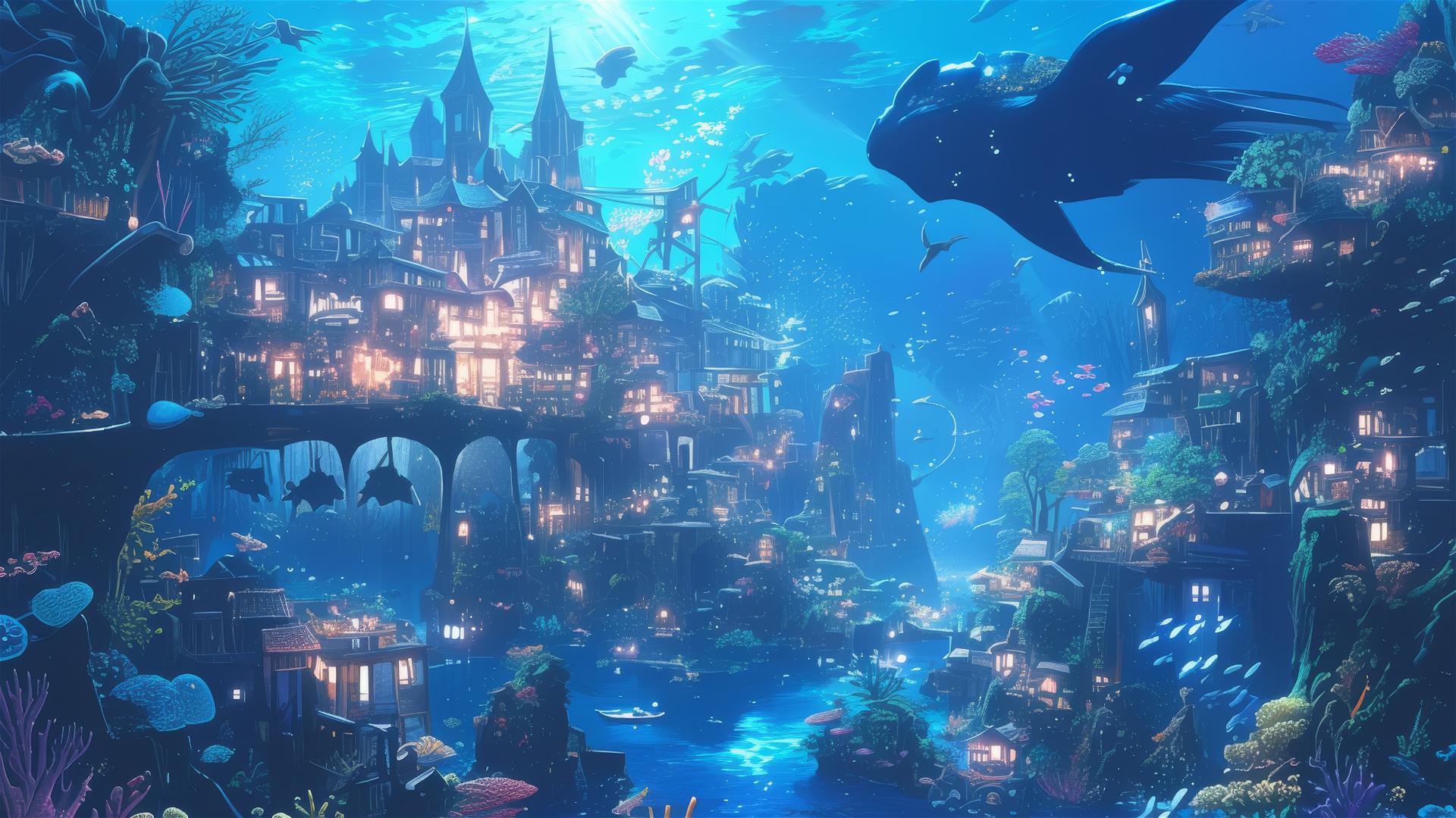 Ghibli-style underwater city with glowing bioluminescence and sea creatures.