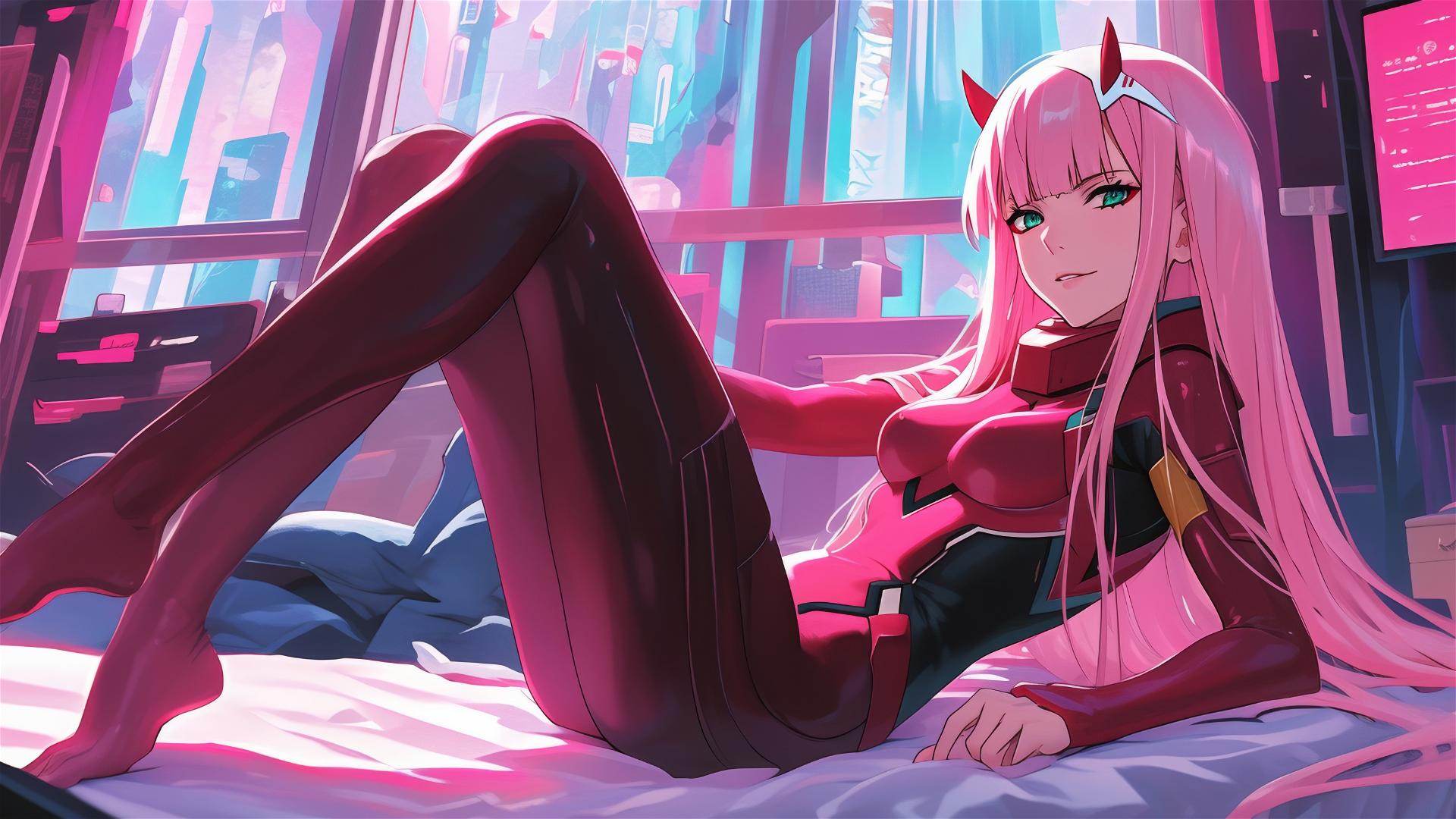 Zero Two lounging in neon pink lighting, black and pink leather attire.