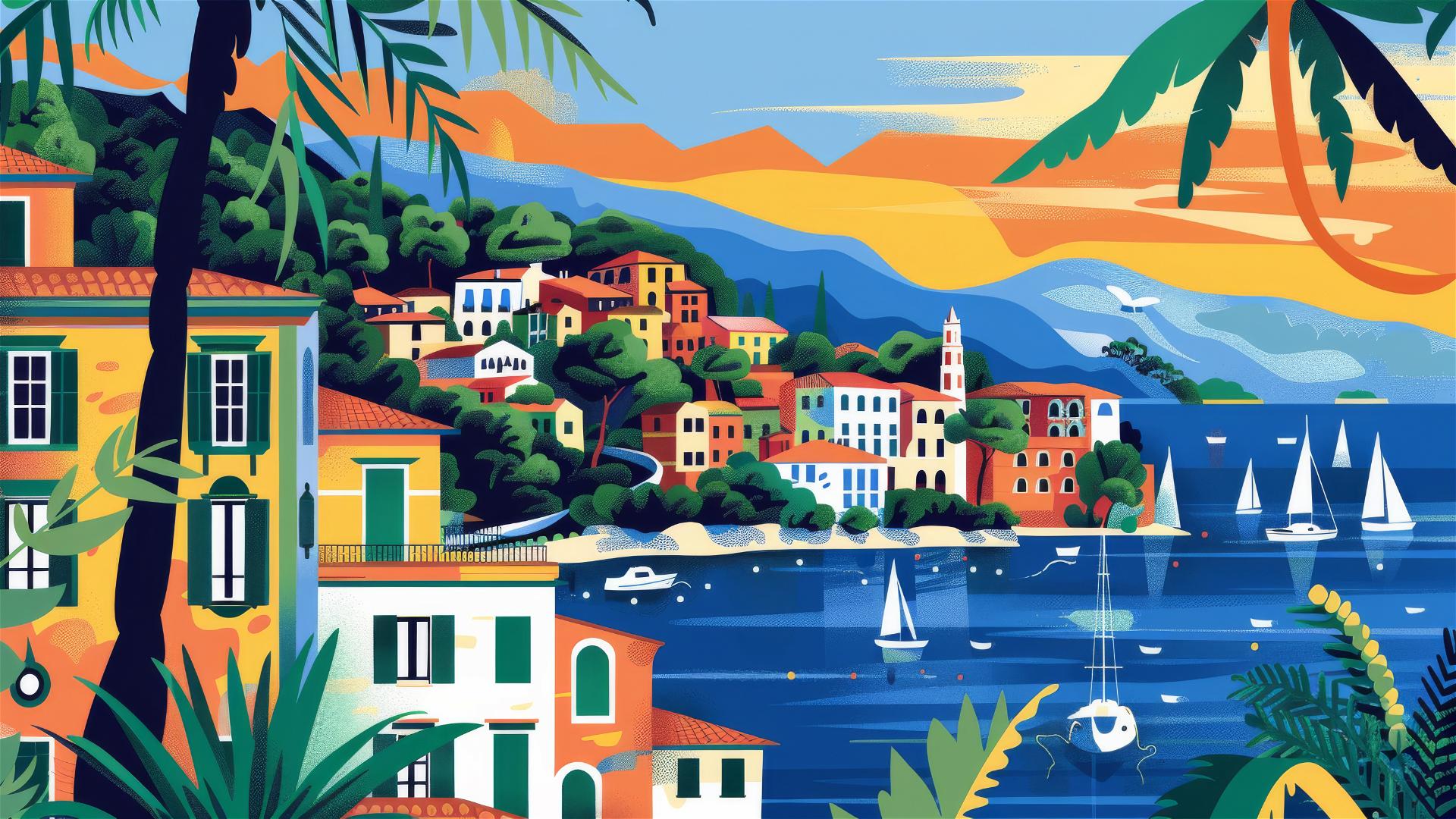 Vibrant Italian Riviera pattern with bold outlines and flat colors