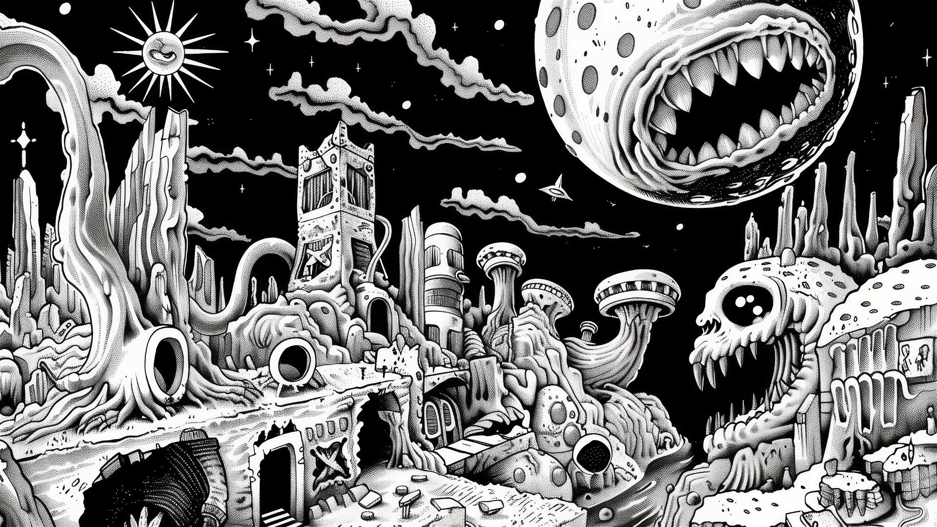 Artwork channeling Basil Wolverton's unique style.