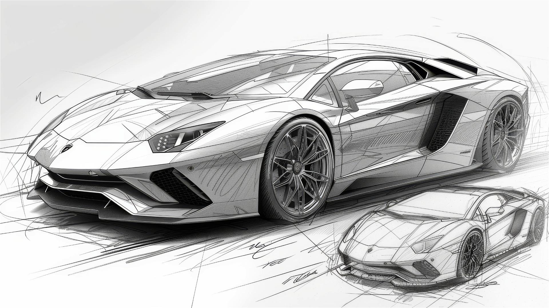 Black and white Lamborghini Aventador blueprint and sketch, 3/4 front view.