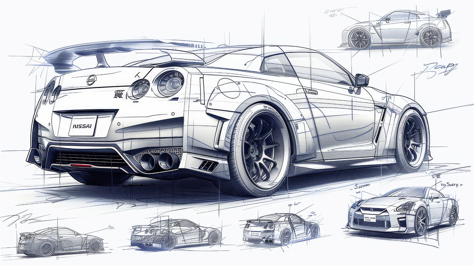 Black and white Nissan GT-R blueprint and front 3/4 sketch.