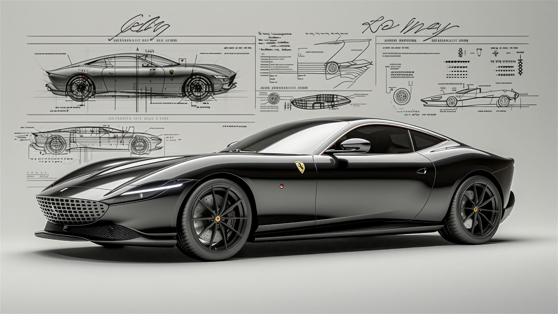 Black and white blueprint and sketches of Ferrari Roma, front 3/4 view.