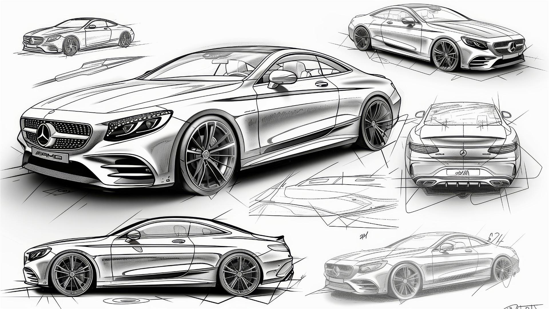 Black and white blueprint and sketch of Mercedes S Coupe, front 3/4 view.
