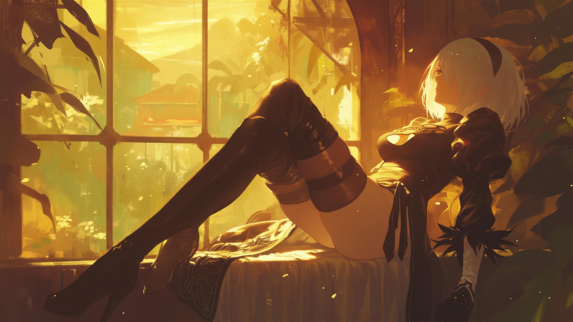 2B from Nier in white pajamas on a balcony with sunrise glow