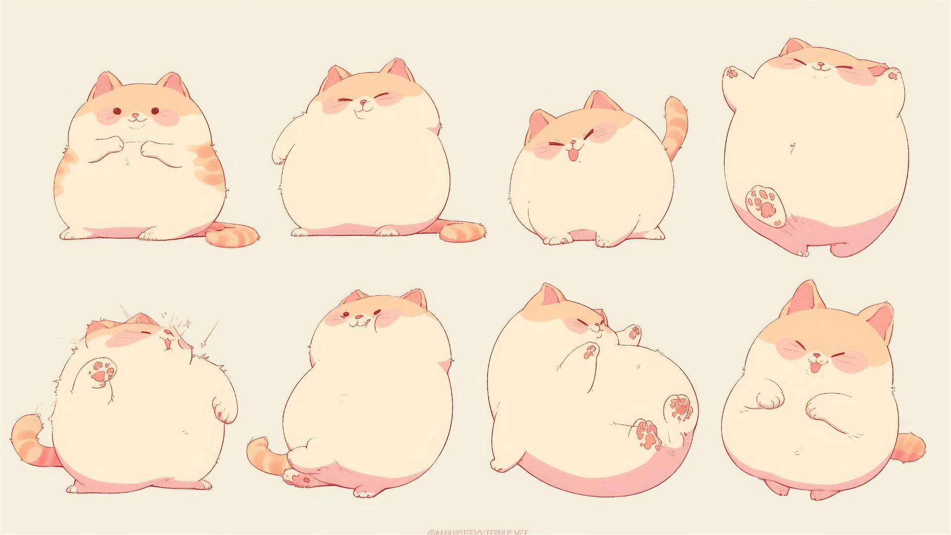 Chubby cartoon cat in funny poses with pastel colors