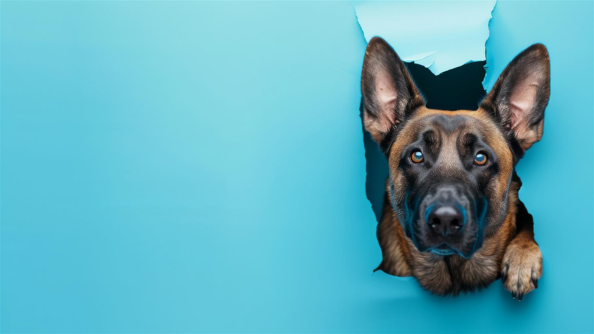 Belgian Malinois peeking through sky blue wall with copy space