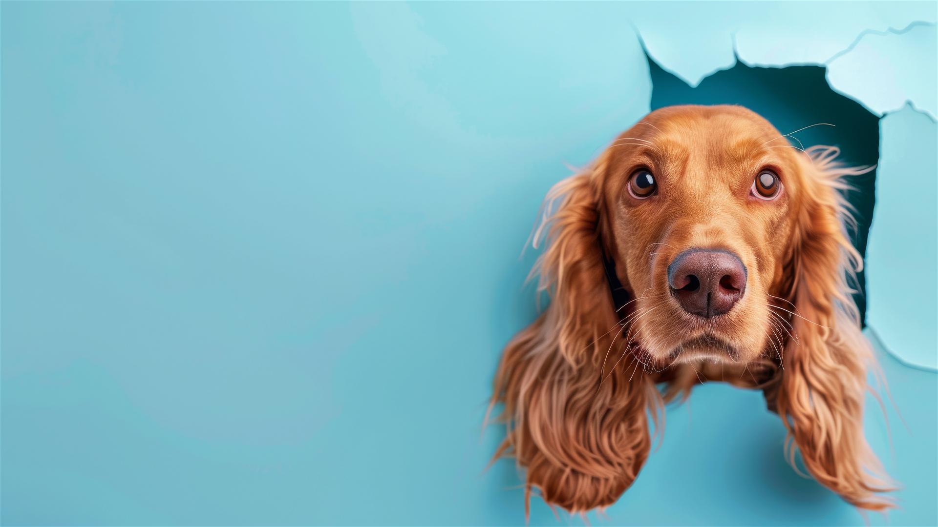 Irish Setter peeking through hole in sky blue paper