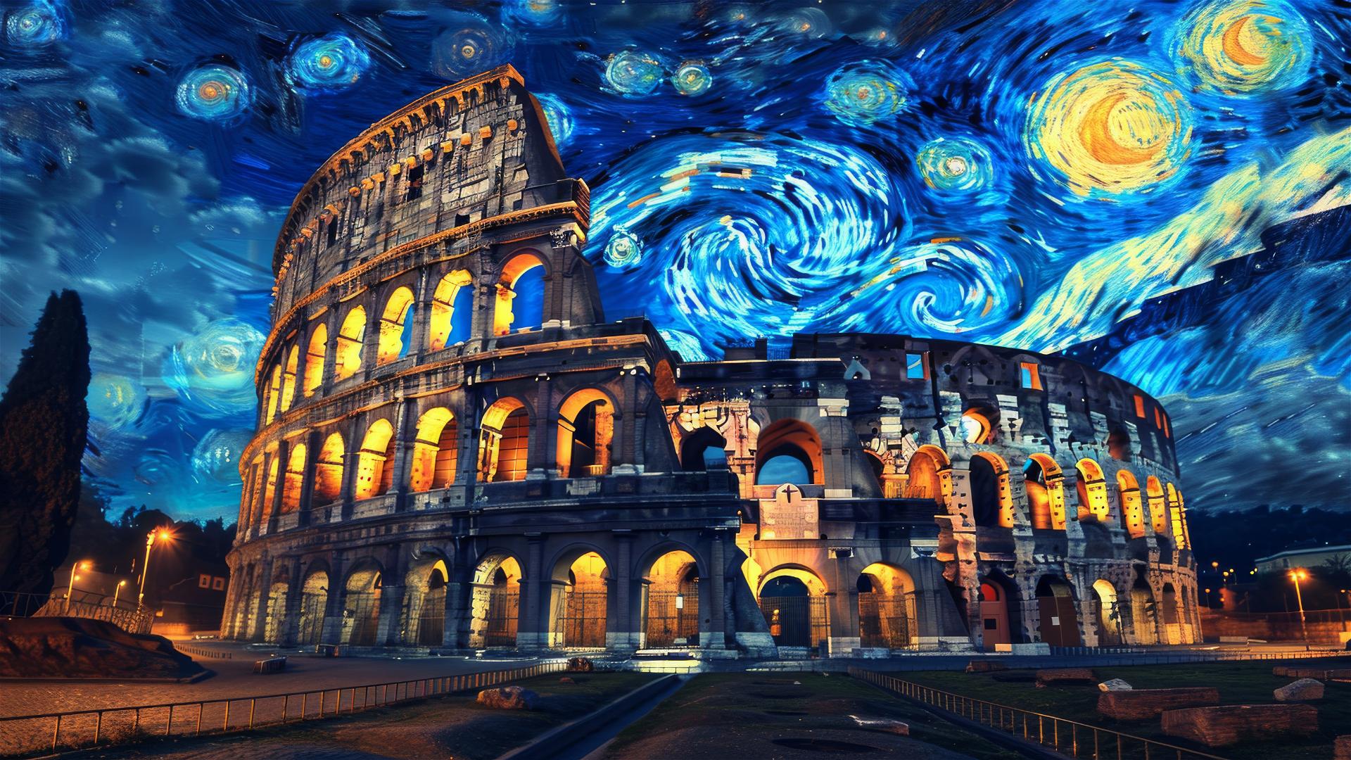Realistic Colosseum at night channeling Van Gogh's Starry Night